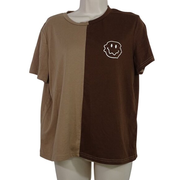 Two-Tone Brown T-Shirt Casual Top Women Size M Cotton Blend Round Neck - Picture 1 of 7